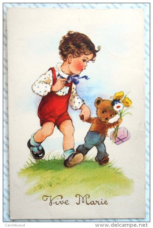 CP Litho Illustrateur Coloprint Enfant Garcon MARCHANT AVEC JOUET Ours Humanisé  Fete VIVE Marie - Dressed Animals