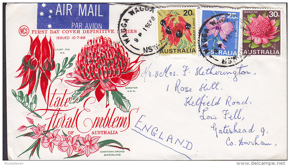 Australia Airmail Par Avion Label WAGGA WAGGA (NSW) 1968 Cover DURHAM England Orchid Stamps - Brieven En Documenten