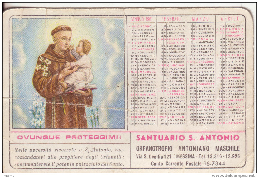 30-Calendarietto Orfanotrofio Antoniano Di Messina-Sant' Antonio 1961-usato - Formato Piccolo : 1961-70