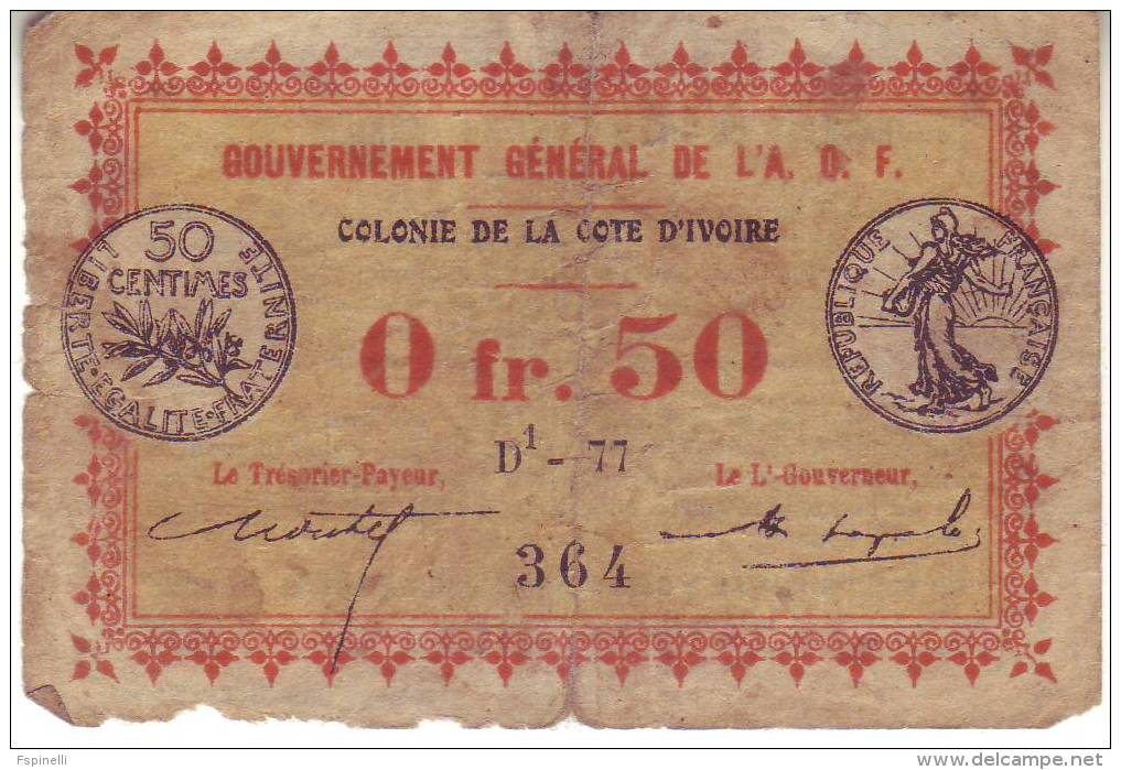 Early IVORY COAST 0.50 Franc (watermark Bees) P1a     L. 1917 - Costa D'Avorio