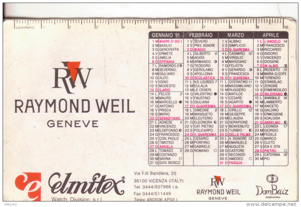 43-CalendariettoOrologi Raymond Weil-Elmitex-1991-Plastificato-Mediocri Condizioni - Formato Piccolo : 1991-00
