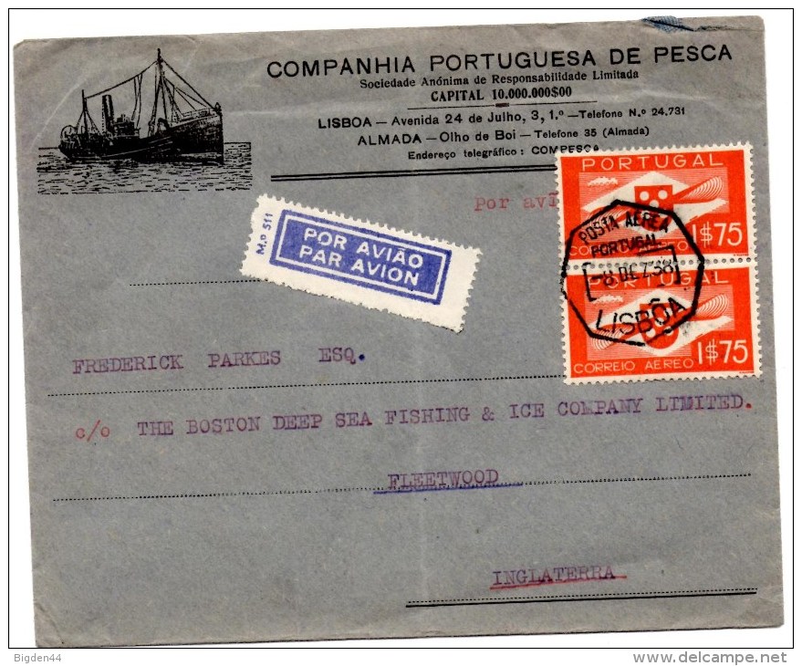 Lettre Par Avion (08.12.1938) De Lisbonne Pour Fleetwood_Peche_Pesca_chalutier - Lettres & Documents