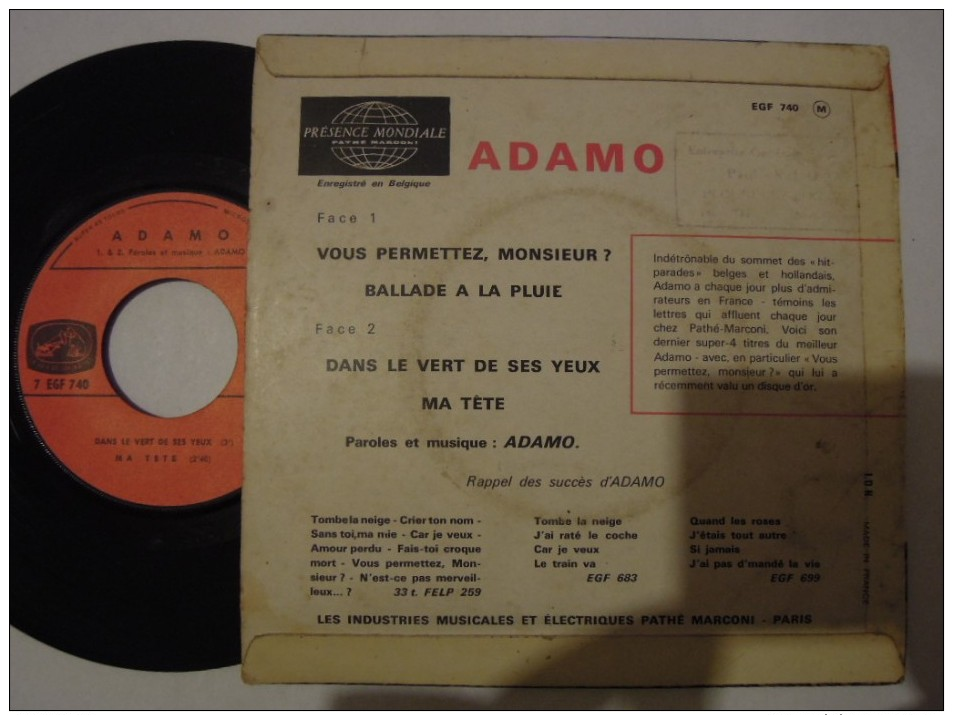 Salvatore Adamo - Vous Permettez Monsieur? - Sans Bandeau Club Adamo - La Voix De Son Maitre 740 France - Sonstige - Franz. Chansons