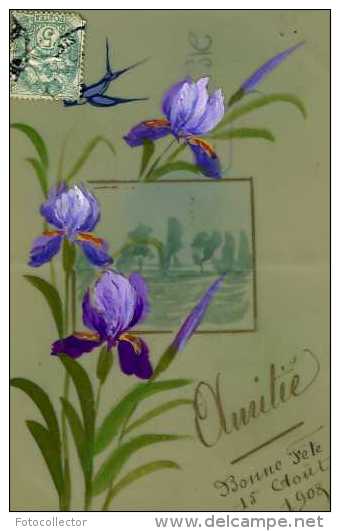 Carte Celluloid Peinte : Hirondelle Et Iris - Autres & Non Classés