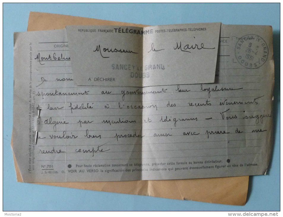 TELEGRAMME Adressé Au Maire De SANCEY LE GRAND En 1961, Et Relatifs Aux évènements D´Algérie - 1961-....