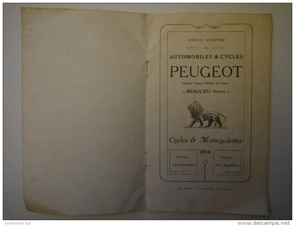 Catalogue Peugeot 1914 Vélo Cycle Bicyclette Motocyclette Beaulieu (Doubs) - Matériel Et Accessoires