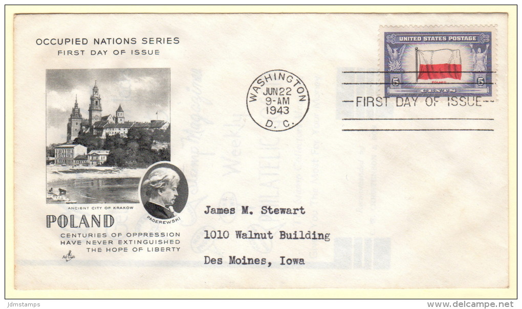 USA SC #909 FDC  1943 Occupied Nations / Poland (06-22-1943) - 1941-1950