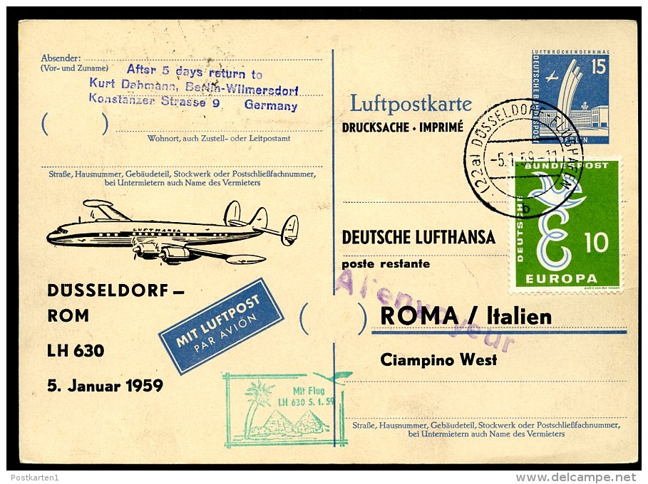 BERLIN P41 ZC3 Postkarte ZUDRUCK Luftpost Düsseldorf-Rom 1959  NGK 20,00 € - Privatpostkarten - Gebraucht