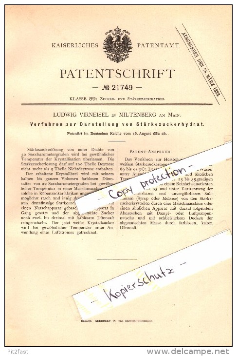 Original Patent - Ludwig Virneisel In Miltenberg A. Main , 1882 , Darstellung Von Stärke-Zuckerhydrat , Zucker !!! - Miltenberg A. Main