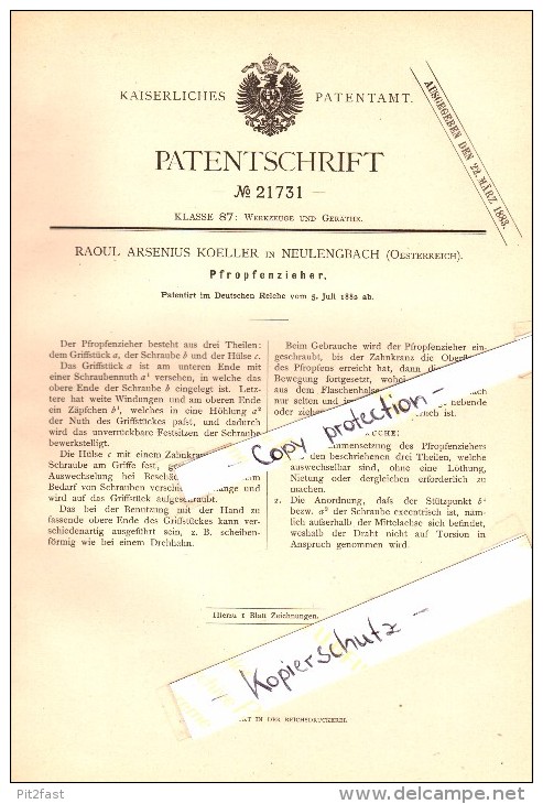 Original Patent - Raoul Arsenius Koeller In Neulengbach , 1882 , Pfropfenzieher , Korkenzieher , Österreich  !!! - Neulengbach