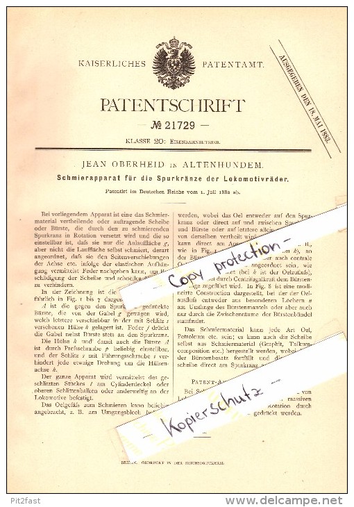 Original Patent - Jean Oberheid In Altenhundem B. Lennestadt , 1882 , Schmierapparat Für Lokomotive , Eisenbahn !!! - Lennestadt