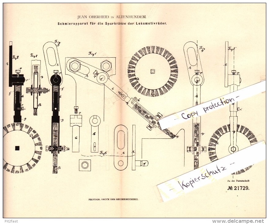 Original Patent - Jean Oberheid In Altenhundem B. Lennestadt , 1882 , Schmierapparat Für Lokomotive , Eisenbahn !!! - Lennestadt