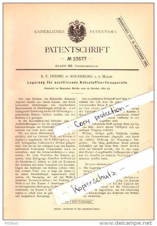 Original Patent - R.E. Höhme In Rochsburg A.d. Mulde / Lunzenau , 1882 , Holzstoff-Sortierapparate , Papierfabrik !!! - Lunzenau