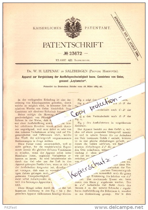 Original Patent - Dr. W.H. Lepenau In Salzbergen , 1883 , Leptometer , Öl , Oel !!! - Sonstige & Ohne Zuordnung