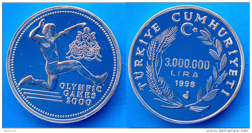 TURCHIA 3000000 L 1998 ARGENTO PROOF TURKEY OLYMPIC GAMES 2000 SYDNEY SALTO PESO 31,47g TITOLO 0,925 CONSERVAZIONE FONDO - Turquie