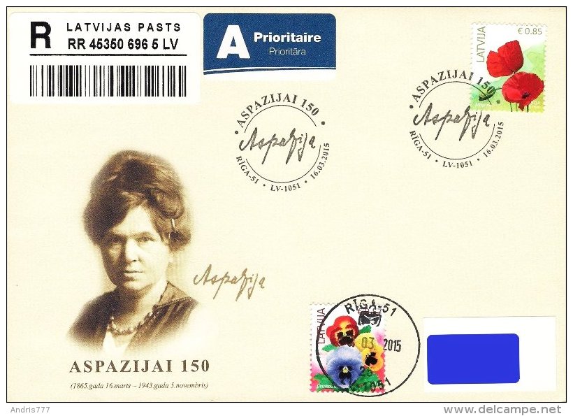 Latvia Lettland Lettonie 2015 - Latvian Poet Aspazija - 150th Birth Anniversary (addressed Cover) - Latvia