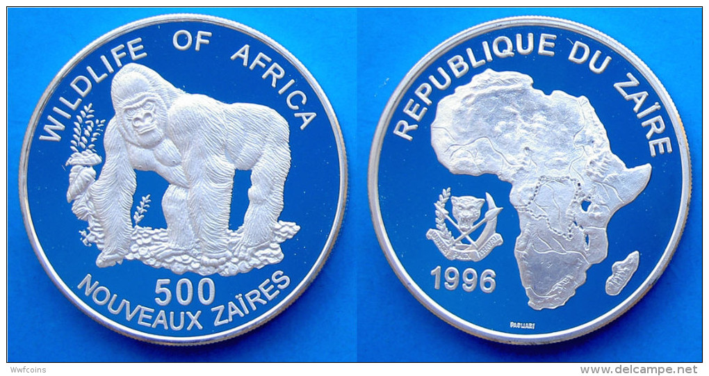 ZAIRE 500 NZ 1996 ARGENTO PROOF RARA WILDLIFE WWF GORILLA AFRICA PESO 20g. TITOLO 0,500 CONSERVAZIONE FONDO SPECCHIO. - Zaire (1971-97)