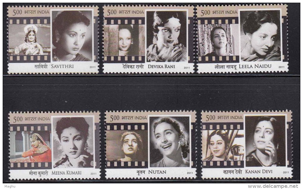 India MNH 2011 Set 6 Legendary Heroines Cinema Film Women Actor Art Savitri Devaka Rani Leela Naidu Nutan Meena Kumari - Unused Stamps