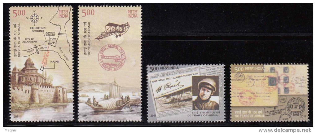India MNH 2011, Set Of 4, INDIPEX 11, Airmail Cent., Airplane, Pequets Cover, Route, Ship, Fort, Compass, Philately, - Neufs