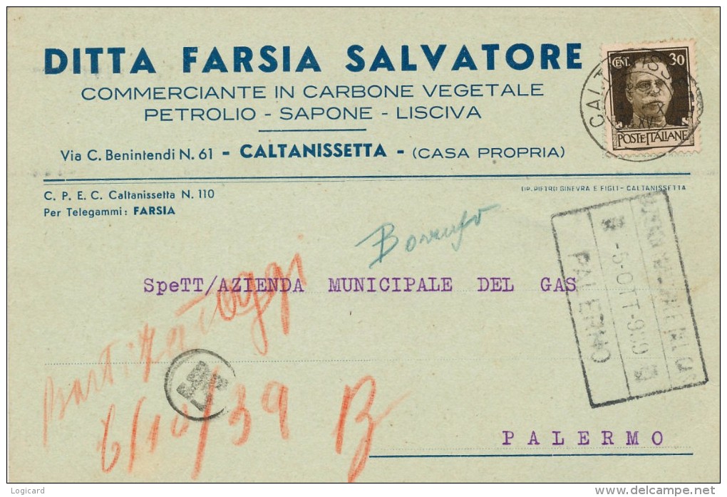 CALTANISSETTA DITTA FARSIA SALVATORE COMMERCIANTE IN CARBONE VEGETALE , PETROLIO 1939 - Caltanissetta