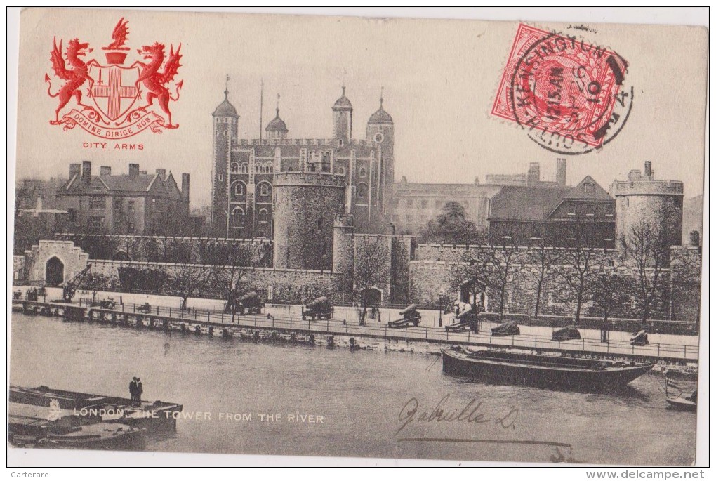 ROYAUME UNI,UNITED KINGDOM,angleterre,englan D,LONDON ,LONDRES,1910,TOWER FROM THE RIVER,TIMBRE,CANON,CHATEA U - Autres & Non Classés