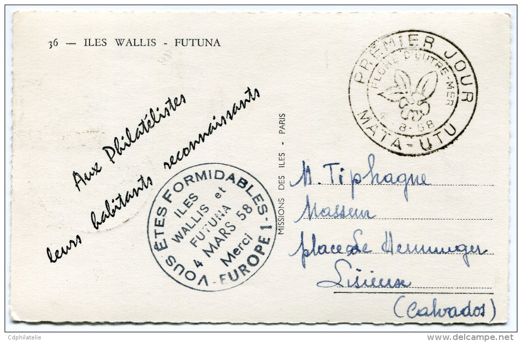 WALLIS ET FUTUNA CARTE MAXIMUM DU N°159 OBLITERATION 1er JOUR MATA-UTU 4-8-58 + CACHET "VOUS ETES FORMIDABLES ILES ..... - Cartes-maximum