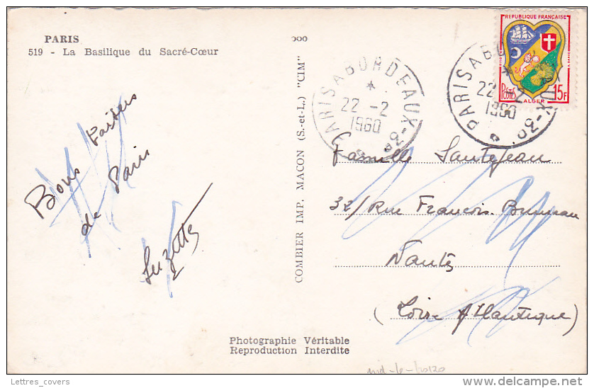 BLASON 15f Alger Obl AMBULANT Type 4 "" PARIS A BORDEAUX 3° "" 22/2/1950 SEUL Sur CP - Bahnpost