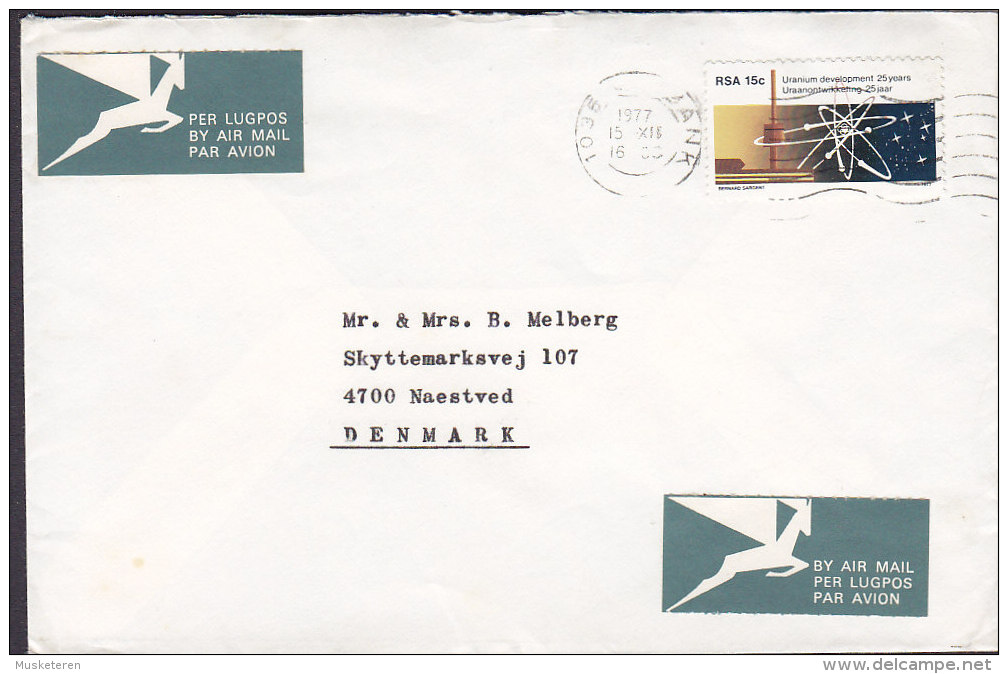 South Africa "Pegasus" Airmail Lugpos Par Avion Labels WITBANK 1977 Cover Brief Denmark Uranium Stamp - Luchtpost