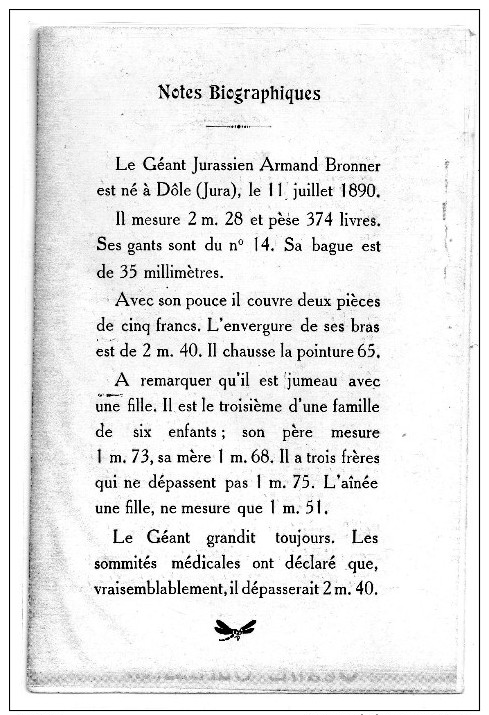 Le Geant Jurassien Armand Brunner 2m 28 Et 137kg Né A Dole  -A1- - Other & Unclassified