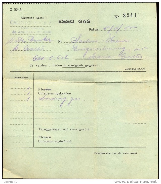 Faktuur Facture - Esso Gas - Calomic PVBA - St Andries Brugge - 1955 - Electricidad & Gas