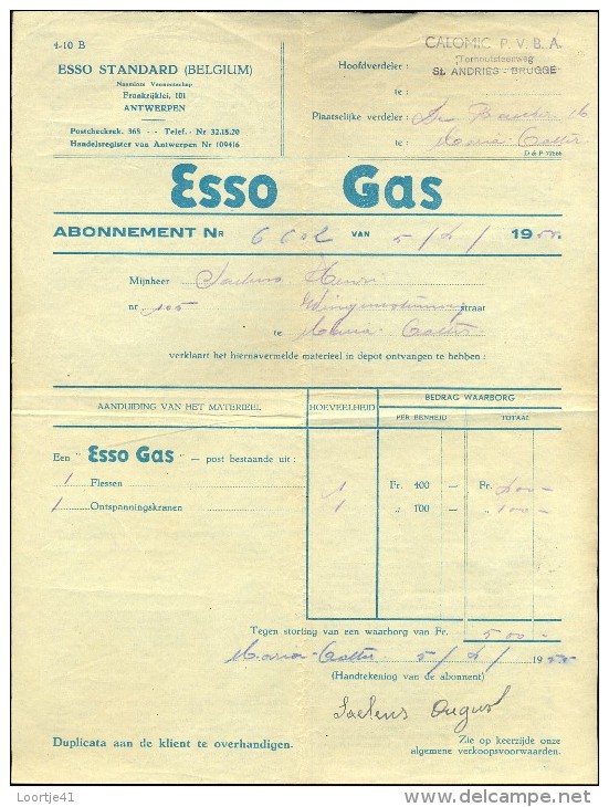 Faktuur Facture - Esso Tandard Antwerpen Gas - Calomic PVBA - St Andries Brugge - 1955 - Elettricità & Gas