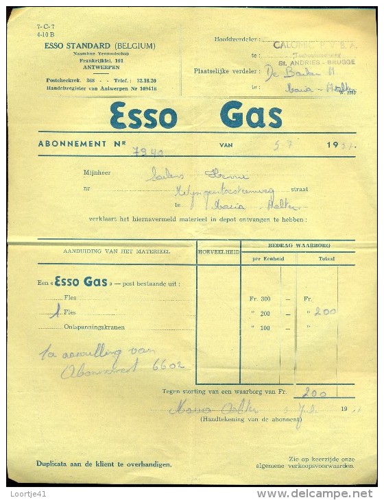 Faktuur Facture - Esso Tandard Antwerpen Gas - Calomic PVBA - St Andries Brugge - 1957 - Elektriciteit En Gas