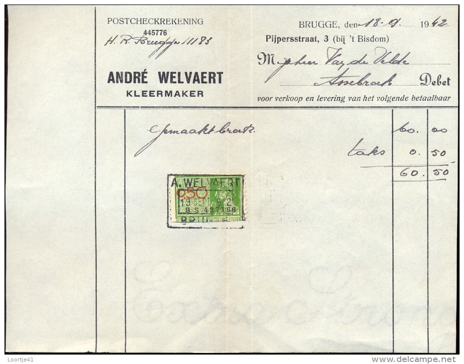 Faktuur Facture - Kleermaker Andre Welvaert  - Brugge 1942 - Vestiario & Tessile
