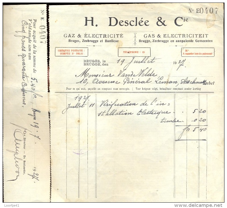 Faktuur Facture - Gas En Electriciteit Desclée & Cie - Brugge 1927 - Électricité & Gaz