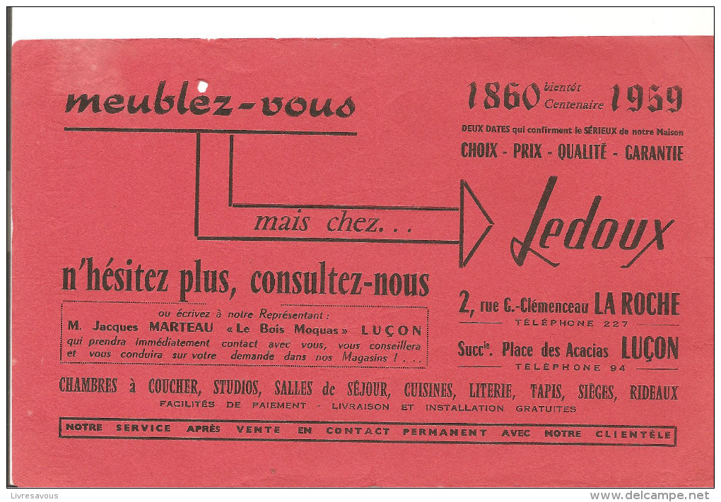 Buvard Ledoux Meublez-vous Chez Ledoux 2, Rue Clémenceau à La Roche Et Place Des Acacias à Luçon Rouge - Autres & Non Classés