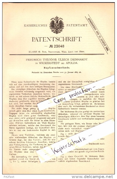 Original Patent - F.T. Deinhardt In Wickerstedt B. Apolda , 1883 , Hopfen-Sudmethode , Brauerei , Alkohol , Bier !!! - Bad Sulza