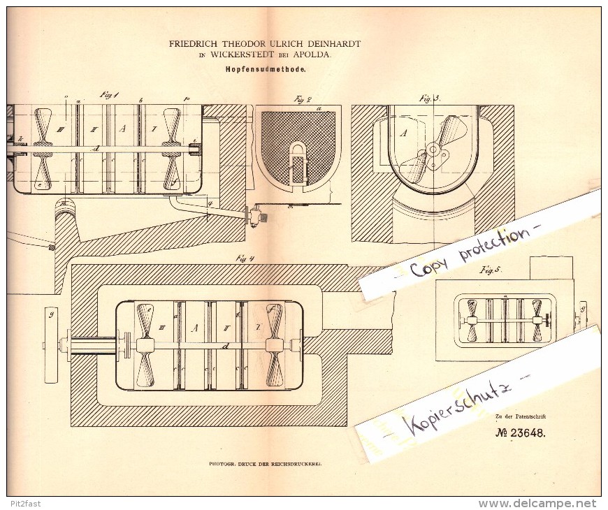 Original Patent - F.T. Deinhardt In Wickerstedt B. Apolda , 1883 , Hopfen-Sudmethode , Brauerei , Alkohol , Bier !!! - Bad Sulza