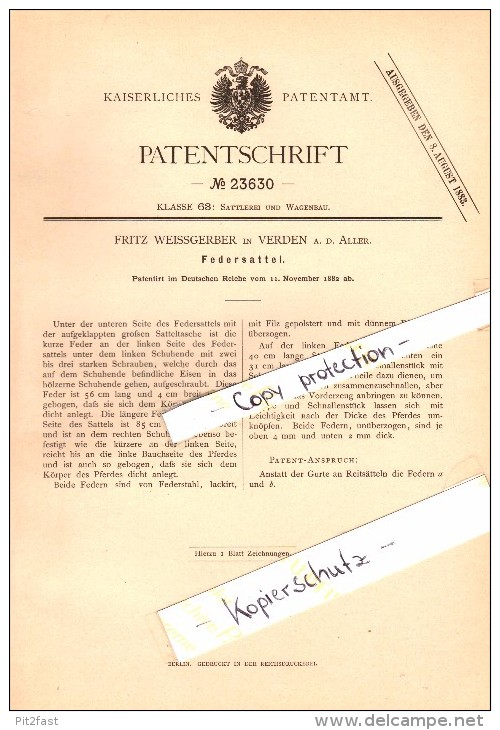 Original Patent - Fritz Weissgerber In Verden A.d. Aller , 1882 , Federsattel Für Pferde , Sattel , Reiterhof !!! - Verden