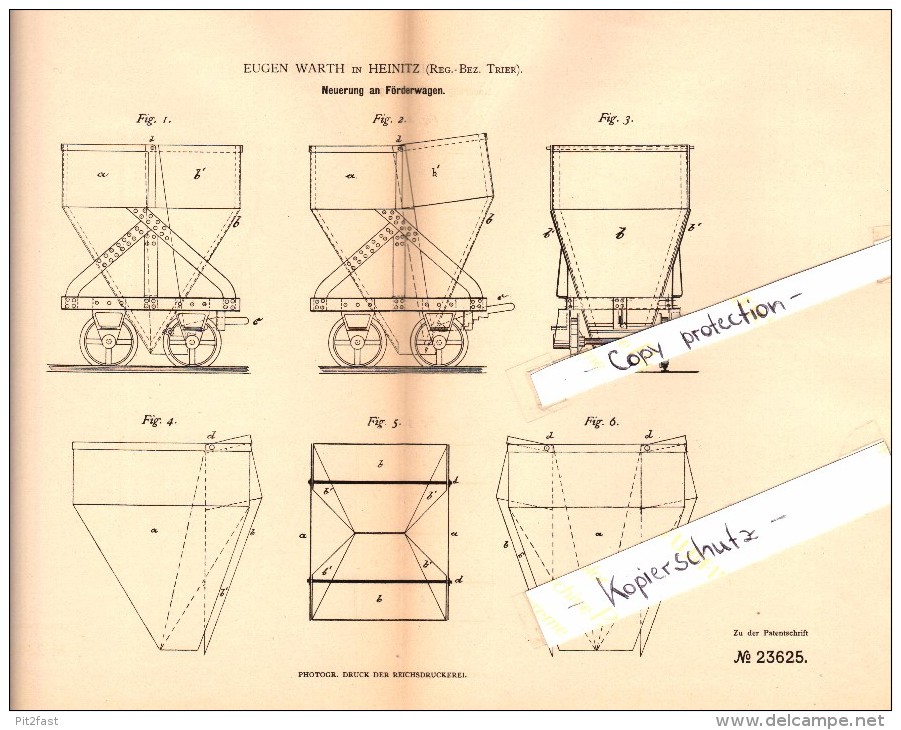 Original Patent - Eugen Warth In Heinitz / Neunkirchen A. Saar , 1883 , Förderwagen Für Grube , Zeche , Bergbau !!! - Kreis Neunkirchen