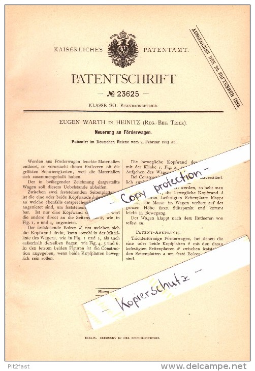 Original Patent - Eugen Warth In Heinitz / Neunkirchen A. Saar , 1883 , Förderwagen Für Grube , Zeche , Bergbau !!! - Kreis Neunkirchen