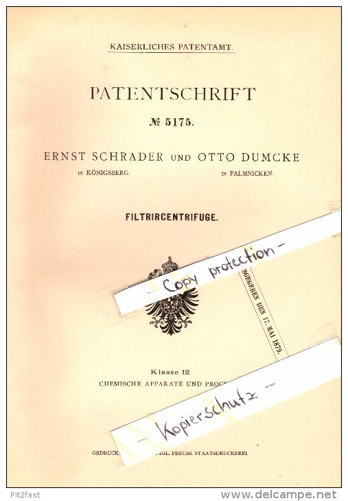 Original Patent - Otto Dumcke In Palmnicken / Jantarny , 1879 , Centrifuge ,  Ernst Schrader In Königsberg , Russland !! - Ostpreussen