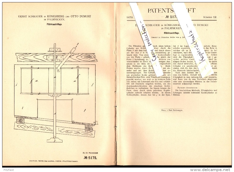 Original Patent - Otto Dumcke In Palmnicken / Jantarny , 1879 , Centrifuge ,  Ernst Schrader In Königsberg , Russland !! - Ostpreussen