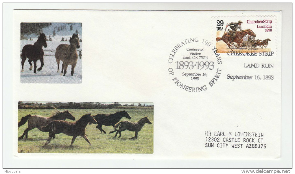 1993  USA Enid CENTENNIAL  HORSES EVENT COVER  Horse Land Run Stamps - Caballos