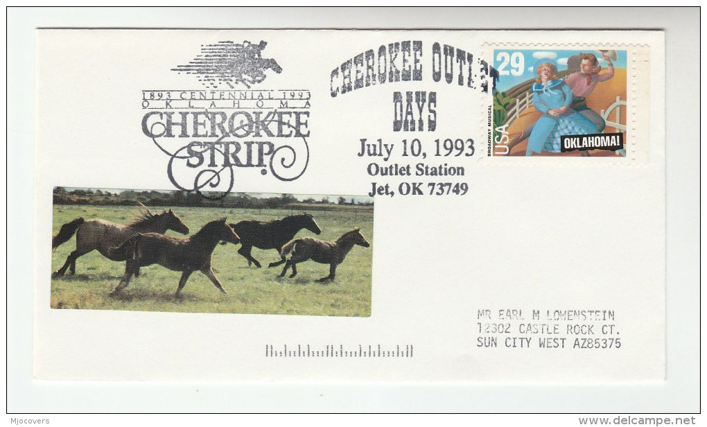 1993  USA Outlet Oklahoma  CENTENNIAL  HORSES EVENT COVER  Horse  Oklahoma Musical Stamps Music Theatre - Horses
