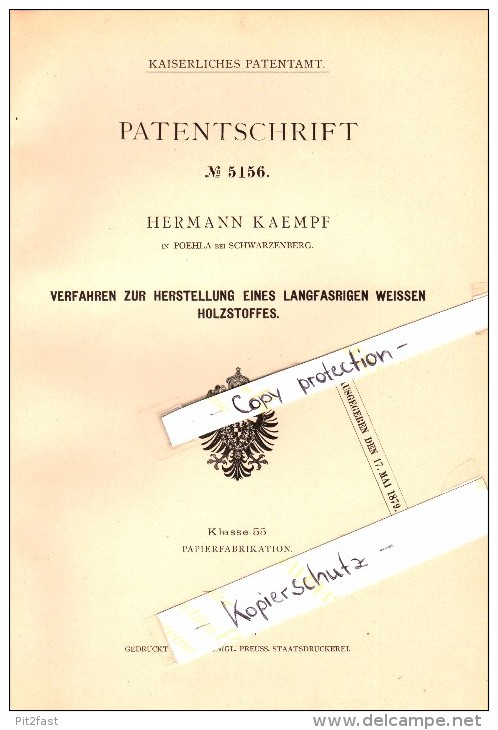 Original Patent - Hermann Kaempf In Pöhla B. Schwarzenberg ,1897, Herstellung Von Langfaserigem Holzstoff , Papierfabrik - Schwarzenberg (Erzgeb.)