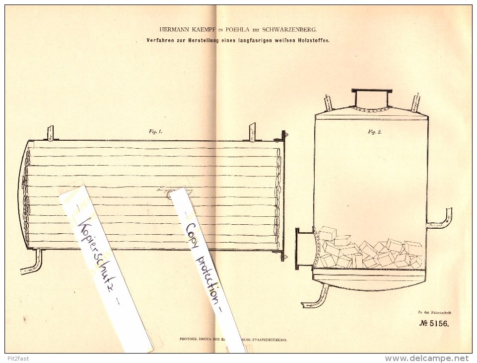 Original Patent - Hermann Kaempf In Pöhla B. Schwarzenberg ,1897, Herstellung Von Langfaserigem Holzstoff , Papierfabrik - Schwarzenberg (Erzgeb.)
