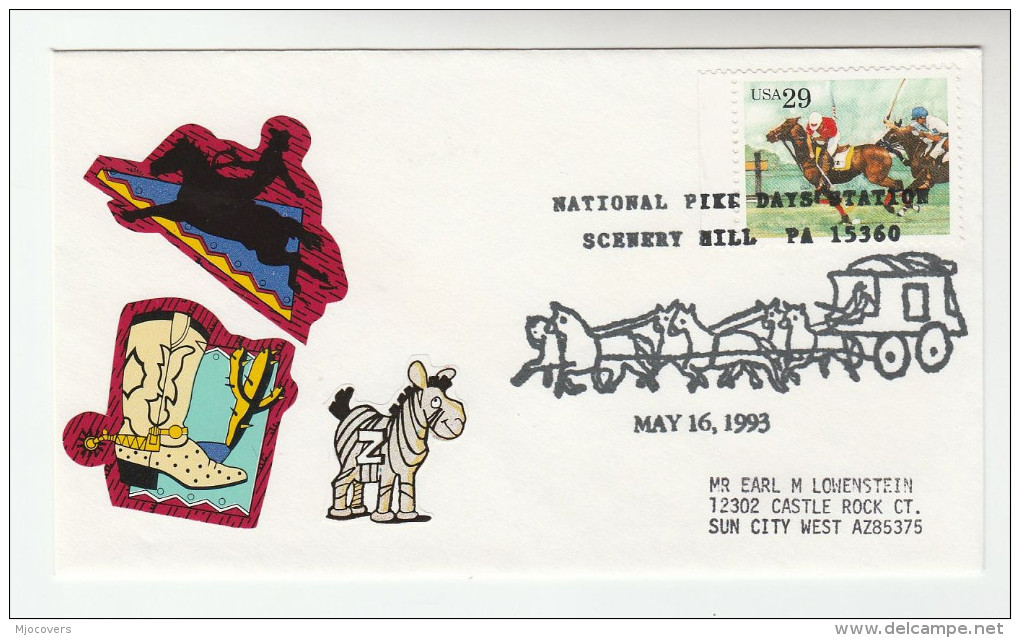 1993 Scenery Hill USA National Pike Days HORSES EVENT COVER  Horse RACING  Stamps Sport - Horses