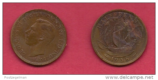 UK, 1938, Very Fine Used Coin, 1/2 Penny, George VI, Bronze, KM 844, C2169 - C. 1/2 Penny