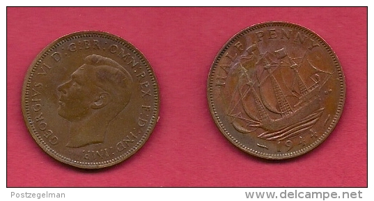 UK, 1944, Very Fine Used Coin, 1/2 Penny, George VI, Bronze, KM 844, C2175 - C. 1/2 Penny