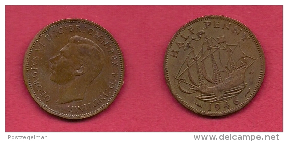 UK, 1946, Very Fine Used Coin, 1/2 Penny, George VI,  Bronze, KM 844, C2177 - C. 1/2 Penny
